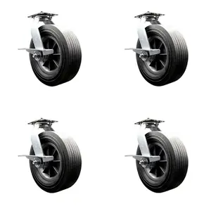BBQ Smoker Grill Flat Free All Terrain Caster Wheel Set – 10 Inch Easy Roll, No Flat, Maintenance Free Solid Rubber Wheels – Industrial Grade – 4 Swivel Casters with Side Lock Brakes – Service Caster