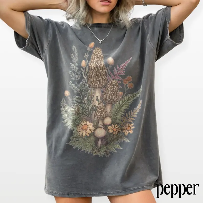 Comfort Colors Vintage Morel Mushroom Tee, Wildflower Forest Fungi Illustration Graphic TShirt, Cottagecore Nature Top