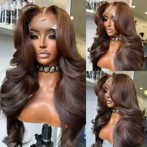 Body Wave Wig 200% Density 13X4 Full Frontal Human Hair Wigs #4 Chocolate Brown Colored Beginner Friendly Wig Pre-Plucked Lace Front Wig Human Hair Wig For Women, Wedding, Heat Resistant