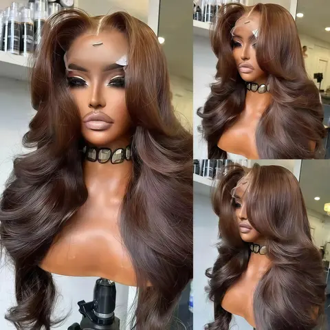 HANA HAIR Female 13X4 Full Frontal Glueless Human Hair Wig, 200% Density Body Wave, #4 Chocolate Brown, Pre-Plucked Beginner-Friendly, Heat-Resistant, 21-23.5 Inches, Lace Front Wig