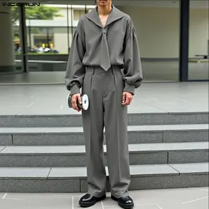 INCERUN Spring Autumn Men's Retro Sailor Collar Shirt Set Puff Sleeve Tie Wide Leg Pants Leisure Fashion