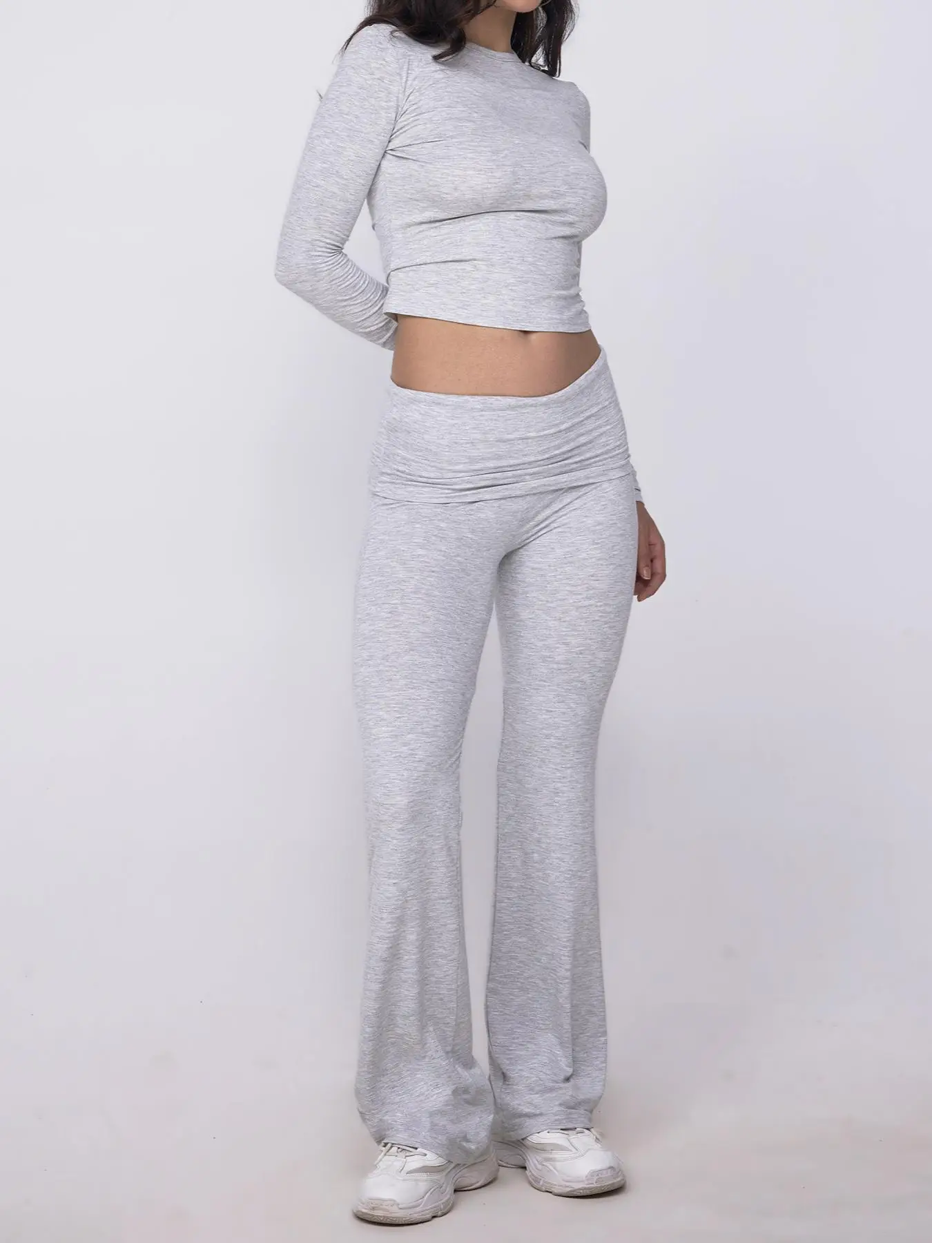 Two-piece Set Women's Solid Color Long Sleeve Coverage Crop Top & High Waist Flare Leg Pants, Casual Fashion Cozy Soft Modal Fabric Round Neck Top & B
