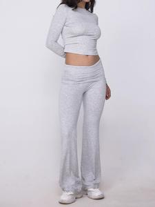 two-piece set women's solid color long sleeve coverage crop top & high waist flare leg pants, casual fashion cozy soft modal fabric round neck top & bell bottom trousers for daily outdoor wear,  ladies clothes for all seasons, matching sets for women