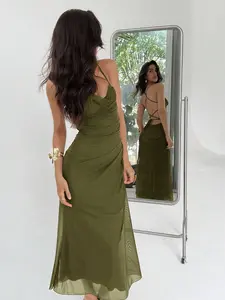 ARTYOTI Romantic Asymmetrical Plunging Neckline Backless Tie-Up Midi Mesh Dress For Women, Pink & Purple