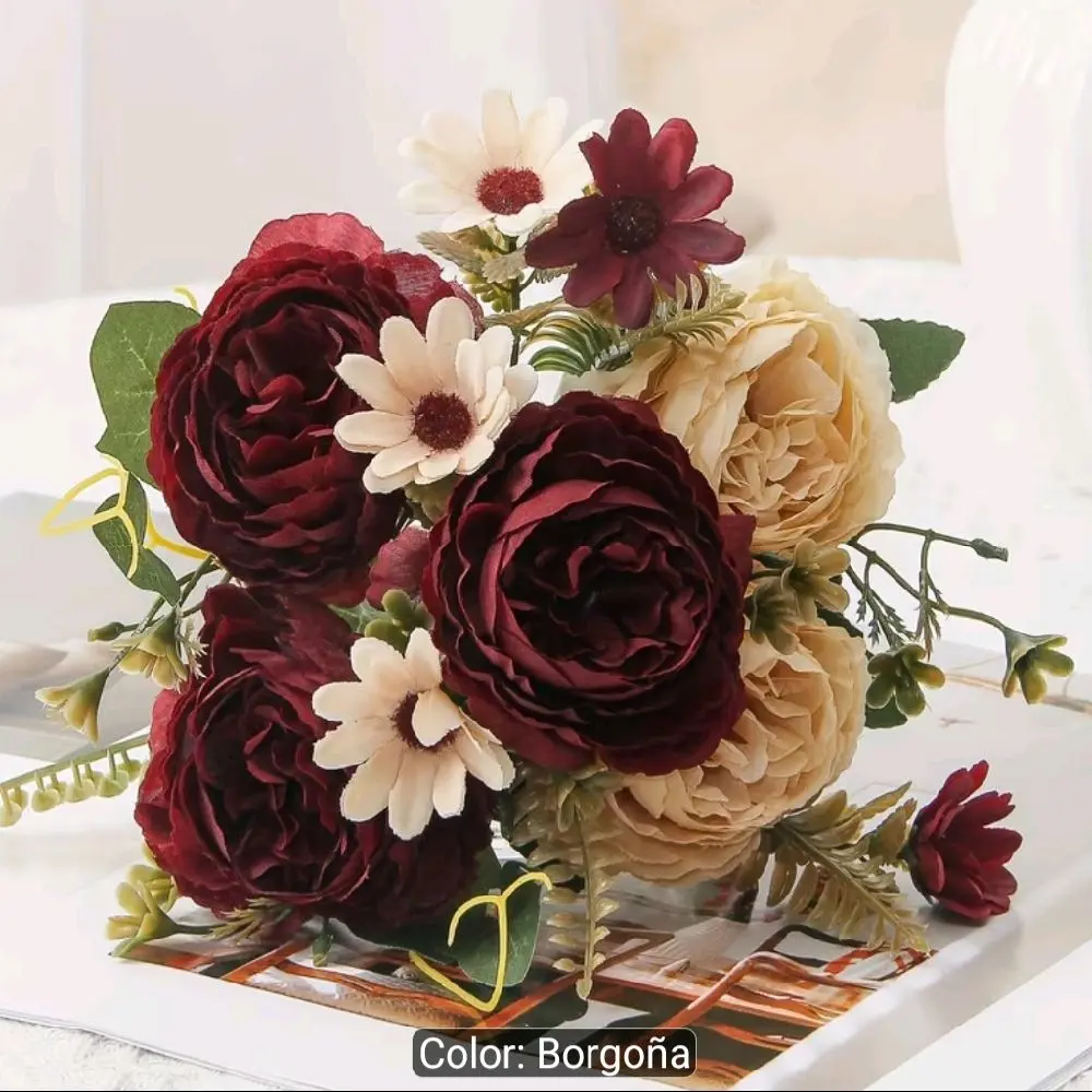Artificial Flower Bouquet Bundle Burgundy & Cream Mixed Flowers with Greenery