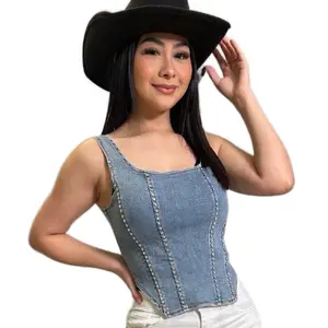 Billie Scoop Denim Rhinestone Corset - Women's Top with Rhinestone Detail, Adjustable Fit, and Versatile Style for Casual Wear - Womenswear, Tops