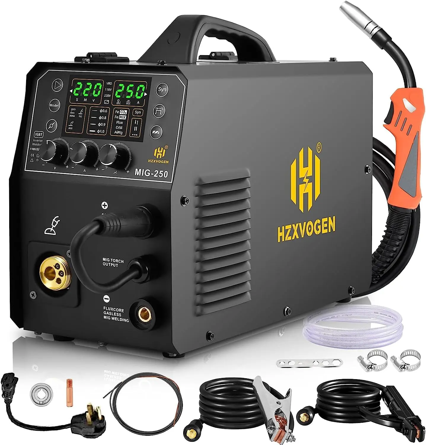 HZXVOGEN Aluminum Welder, 200A MIG Welder 110V/220V, 5 IN 1 Gas/Flux core MIG/Pulse/Lift TIG/Stick Welding Machine Synergy Aluminum Welder Machine With LED Display