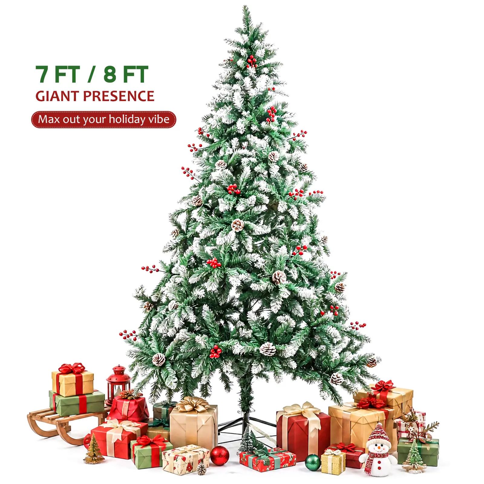 White Snow Flocked Christmas Tree, 7/8FT Artificial Christmas Trees with Pine Cones & Red Berries, Base & Quick-Assembly Design, Outdoor Indoor for Winter Holiday Decoration（No Light）