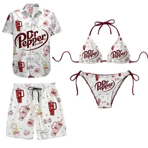 Dr Pepper Matching Couple Swimwear Set, Cute Coquette Cherry Soda Bikini & Shirt Shorts Set, Perfect Gift for Girlfriend Boyfriend