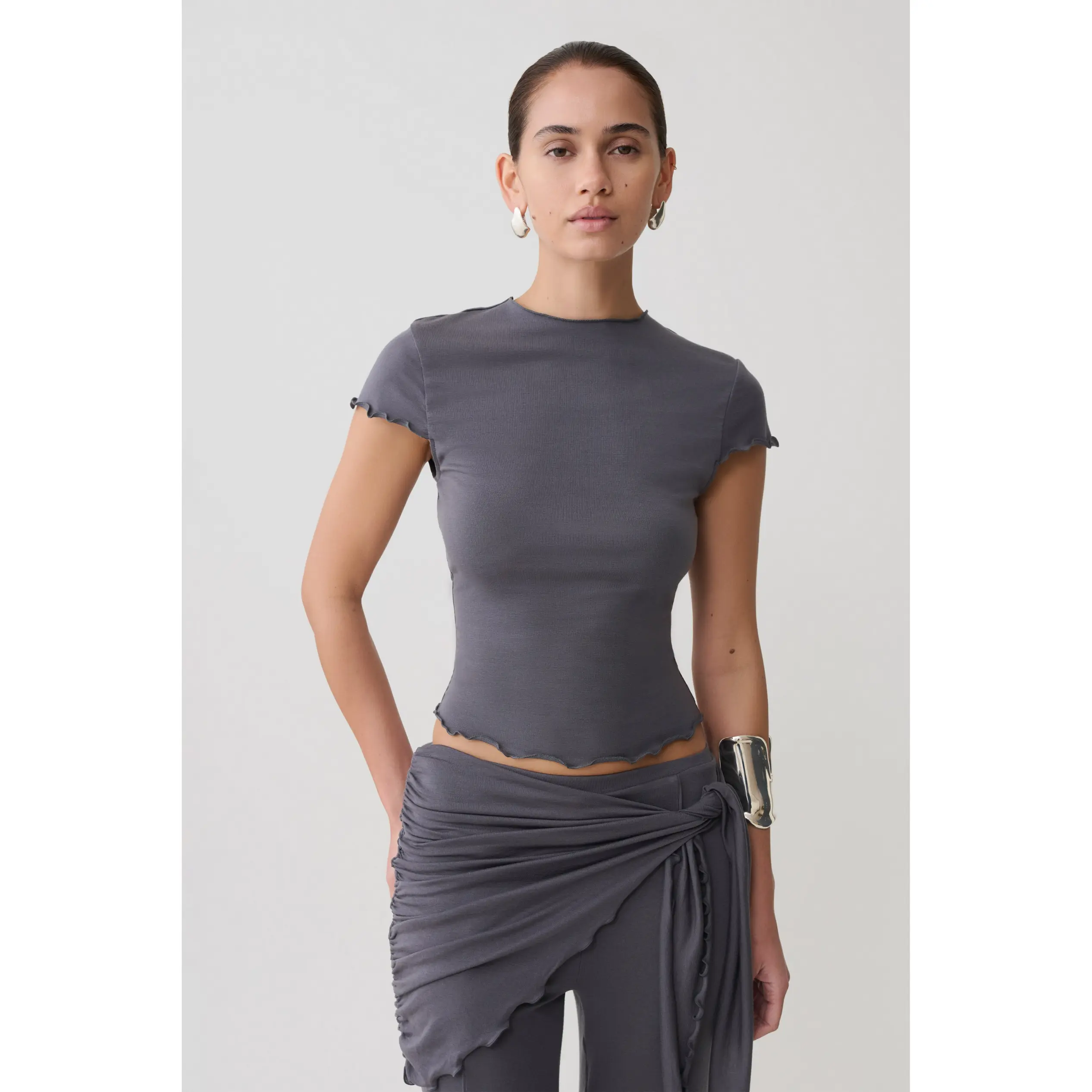 Anfie High Neck Top With Piping Detail - Grey