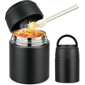10oz Insulated Kids Food Jar with Spoon Wide Mouth Stainless Steel Leak Proof Hot Soup Container for School Travel Picnic Black