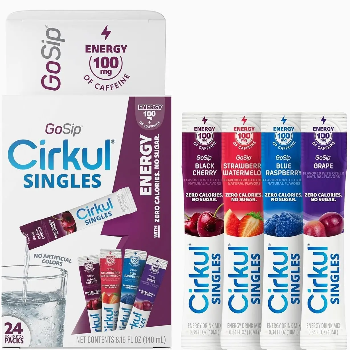 Cirkul GoSip® Energy Drink Mix Clear Liquid Packets (24-Pack) - Blue Raspberry, Black Cherry, Strawberry Watermelon, Grape. No Sugar, Zero Calorie Caffeinated Water Flavoring, No Artificial Colors