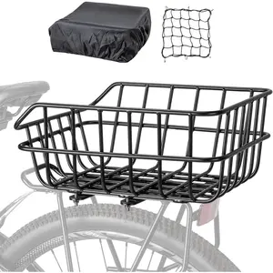 Rear  Basket - Bicycle Rear Basket with Cargo Net and  Cover - Rear Mount Aluminium  Basket Large Capacity