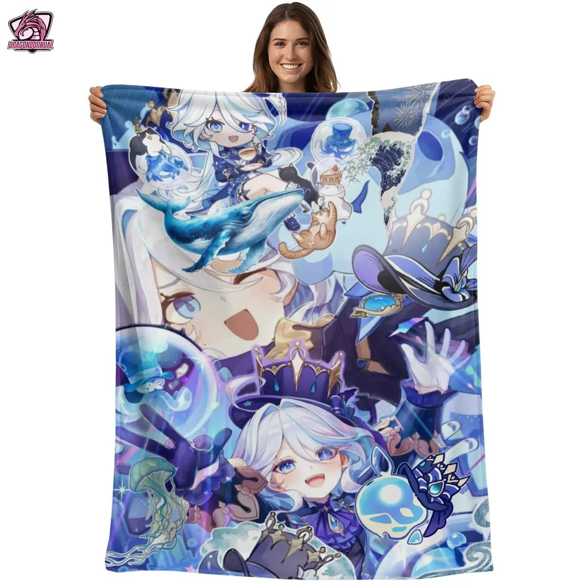 Genshin Impact Furina Themed Throw Blanket - Multiple Sizes Game-Inspired Decor, Featuring Theatrical Fontaine Aesthetic & Hydro Archon Charm, Ideal Gift for Genshin Collectors 251110