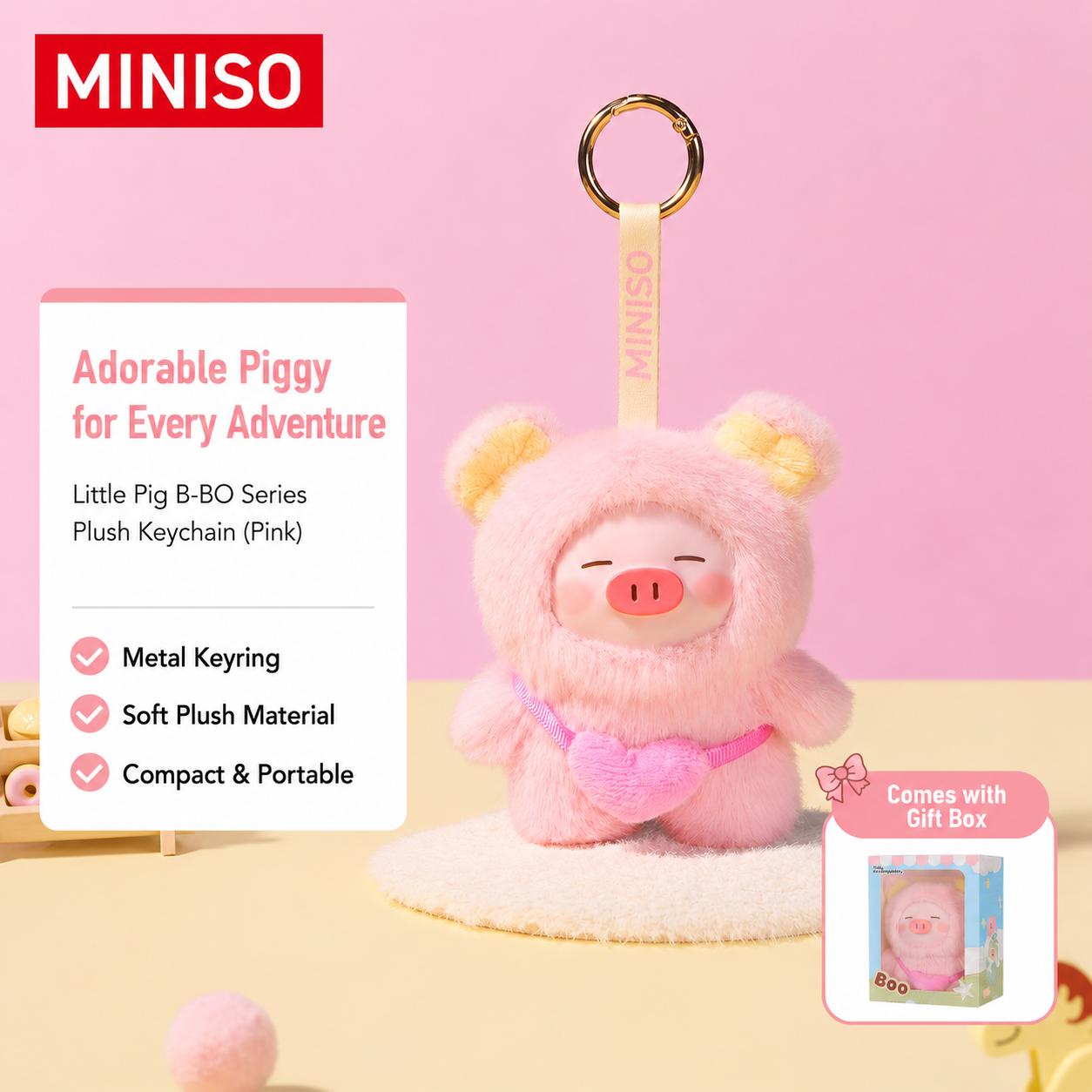 MINISO B-BO Series Kawaii Little Pig PVC Polyester Plush Key Charm - Unisex Cute Keychain, Ages 12+ Collectible Hanging Toy, Ideal for Gifting, Back to School Stuffed Accessory