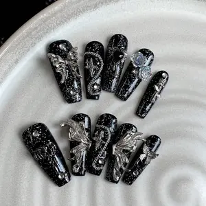 Hand Pressed Coffin Shape Nails, Valentine's Day Gifts, Fake Nails, Nail Art, Dark Silver Butterflies, Vintage Chain Accessories, Reusable Nail Supplies