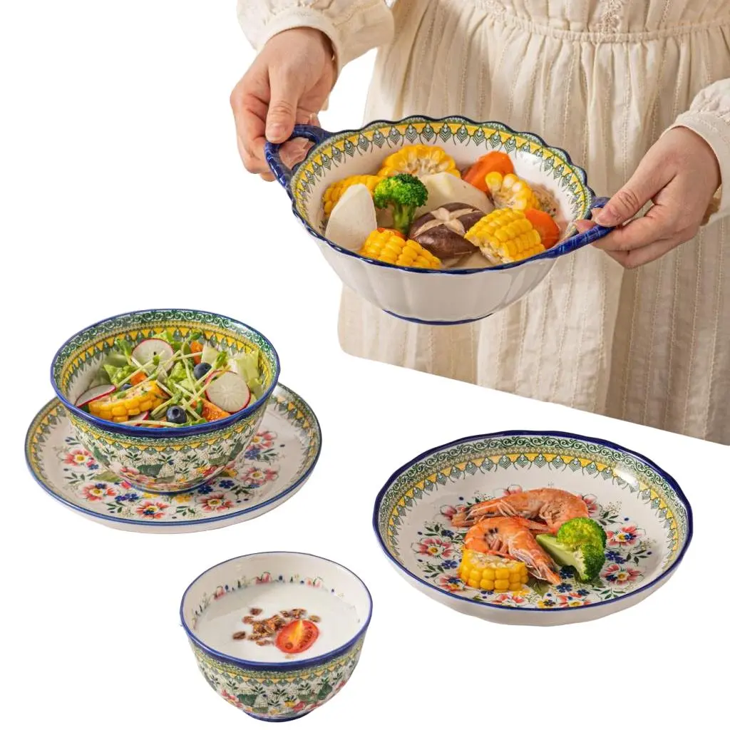 8-piece ceramic tableware set, Dinnerware Service Set, Boho style, featuring wutong flower patterns, includes oatmeal bowl, noodle bowl, serving plate, suitable for turkey, fruit salad, microwave-safe, dishwasher-compatible