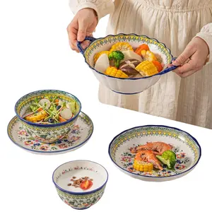 8-piece ceramic tableware set, Boho style, featuring wutong flower patterns, includes oatmeal bowl, noodle bowl, serving plate, suitable for turkey, fruit salad, and other delicacies, microwave-safe, dishwasher-compatible, Dinnerware Set