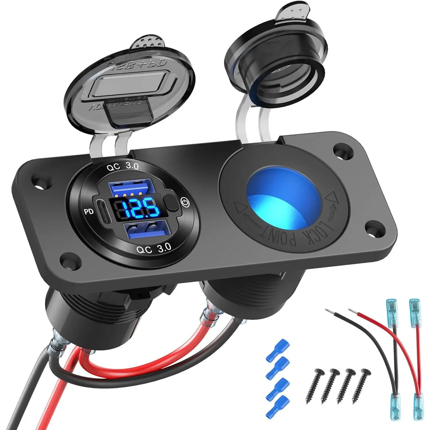 12V USB Outlet Marine Switch Panel Plug, PD3.0 and Dual QC3.0 USB Ports Aluminum Car Charger with LED Voltmeter Power Switch, Lighted 150W Cigarette Lighter Socket 2 in 1 DIY Kit for Boat RV ATV, etc., Aluminum Alloy, Boats/Rvs/Atvs, Dashcams/Gps