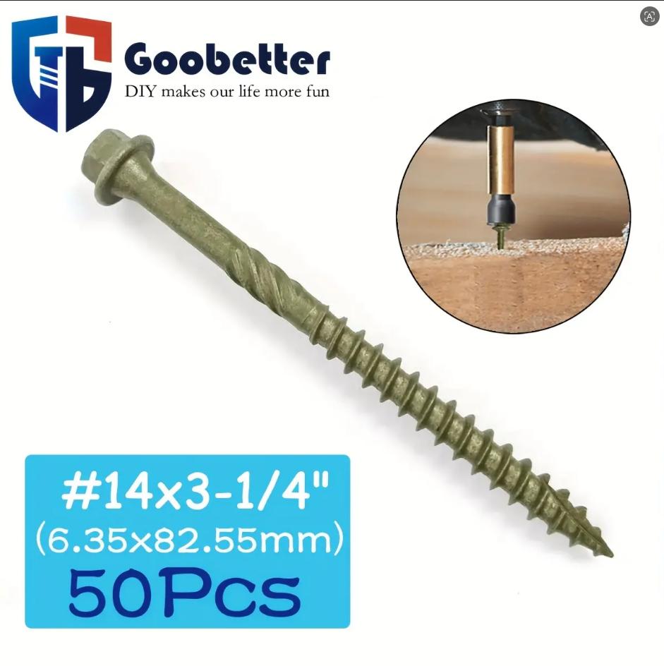 #14 Hex Drive Green Structural Wood Screws, 50PCS/Pack, Heavy Duty Rustproof Deck Fasteners for Outdoor Projects (3-1/4", 8", 10" Sizes Available)