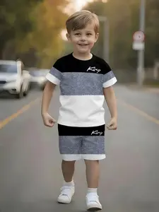 Boys' Short Sleeve Shorts Set, Casual Fashion Style, Fun Geometric Pattern, Summer Outdoor Sports Wear, Soft Breathable Comfort, Fun Geometric Print, Striped Sets