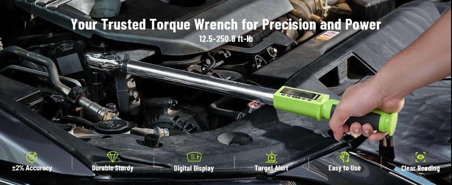 1/2-Inch Drive Digital Torque Wrench, 12.5-250.8 ft-lb/17-340Nm & ±2% Accuracy, Electronic Torque Wrench with Buzzer & LED, 500 Data Memory & 10 Presets for Bike Motorcycle Auto Repair