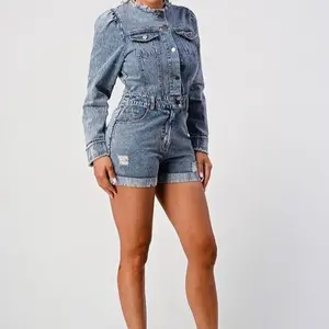Long Sleeve Denim Romper with Button Front and Pockets, Casual Style for Women