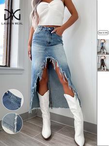 women's plain asymmetrical hem denim skirt, trendy flirty casual fashion button fly skirt for daily wear, ladies bottoms for all seasons, womenswear, denim material bohemian skirt