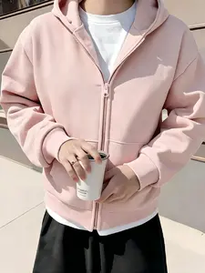 Men's Light Blue Zip-Up Hooded Sweatshirt, Heavyweight Loose Fit Casual Jacket, Minimal Embroidery, Streetwear for Spring & Autumn, 5 Colors