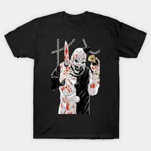 "Art the Clown Terrifier T-Shirt - Bloody Slasher Movie Horror Graphic Tee", Fashion Cotton, Full Colors, Full Sizes, For Men, For Women