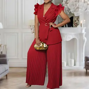 ChicMe Women's Trendy Two-Piece Set Ruffles Sleeve Waist Tied Detail Blazer and Casual Wide Leg Pleated Pants Set – Ideal for Wedding & Wedding Guest Occasions