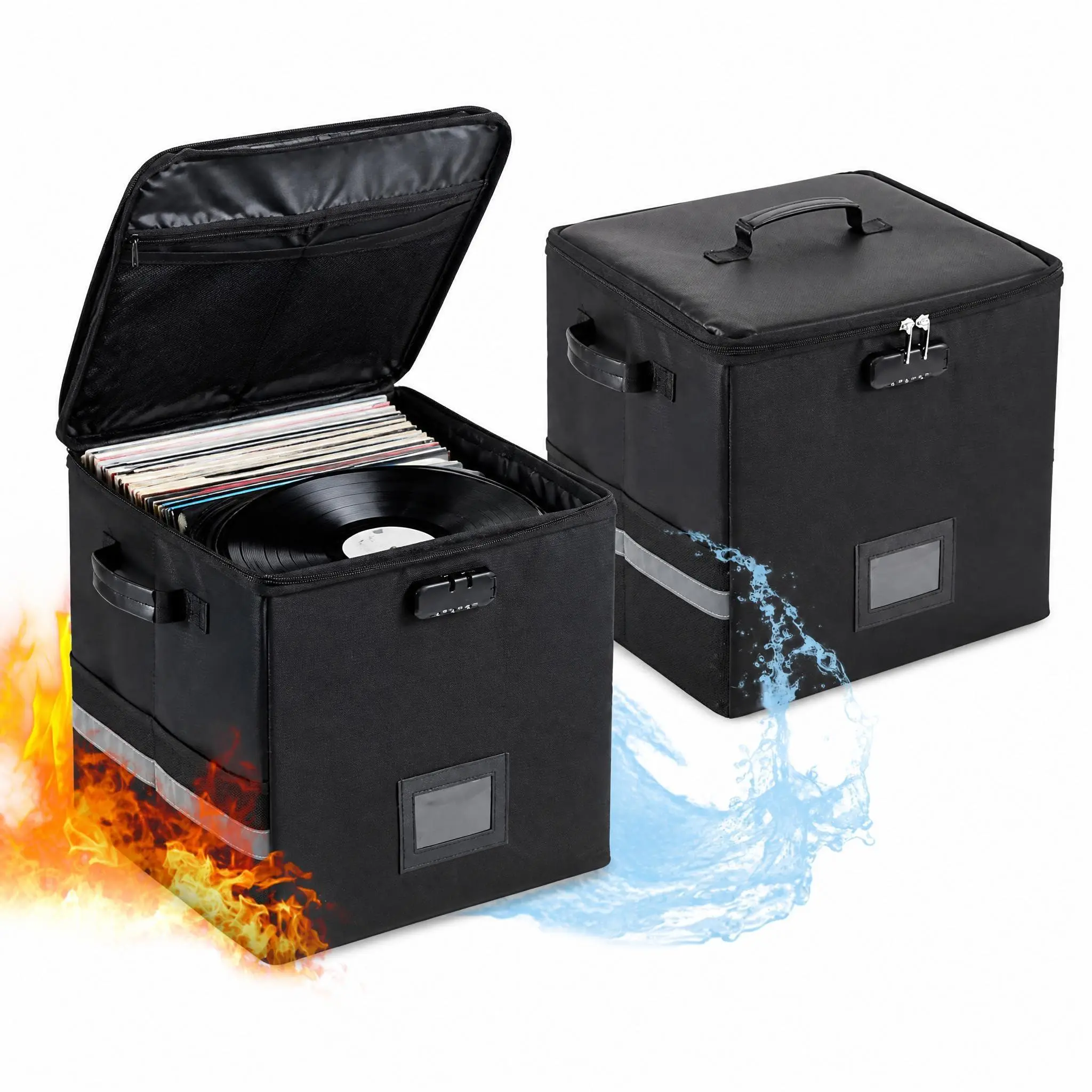 Fireproof & Waterproof Vinyl Record Storage Box 2-Pack – Lockable Collapsible LP Organizer for 100+ 12-Inch Records, Heavy Duty with Handles, Label Slot, 13x13x13in
