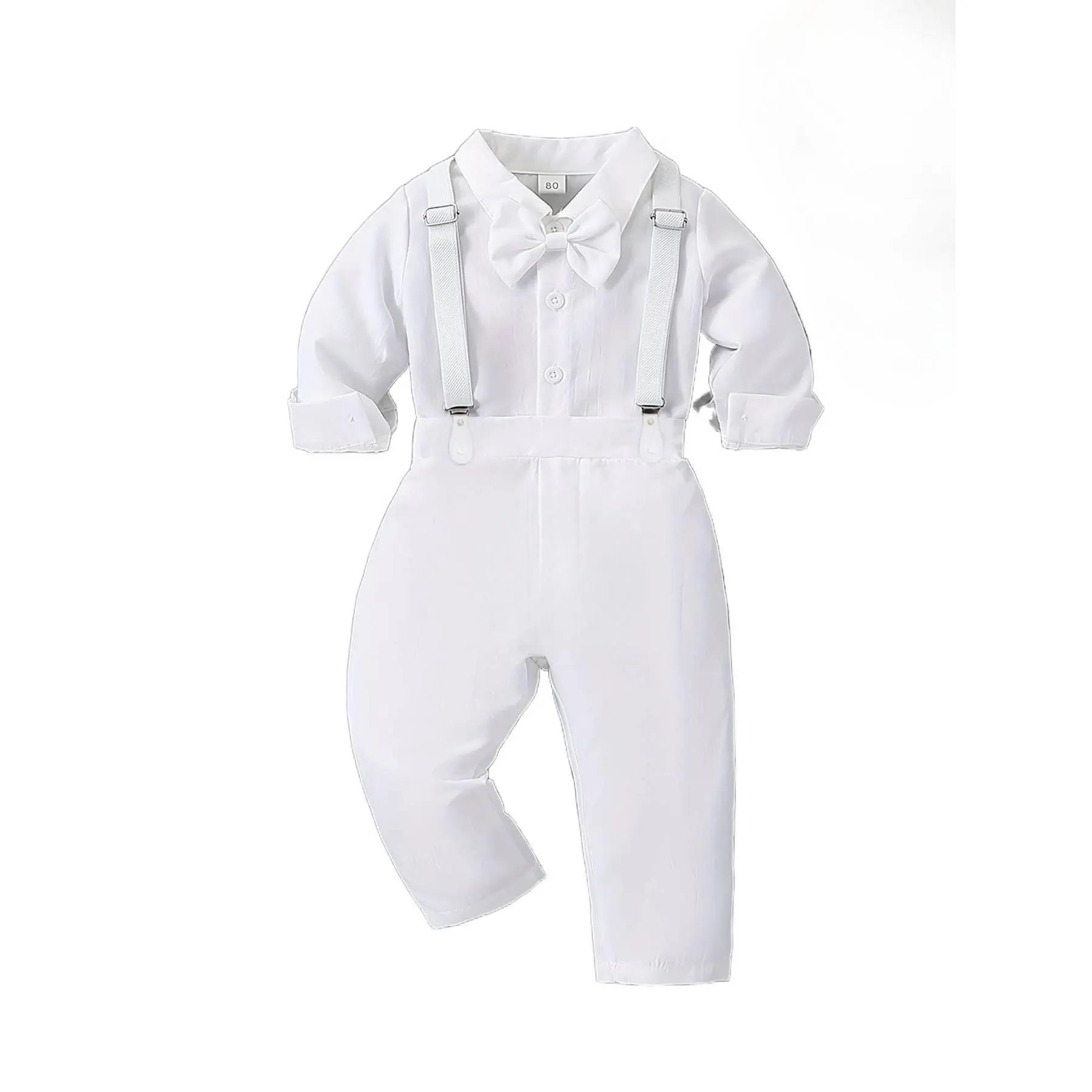 Baby Boys' Solid Polyester 3-Piece Baptism Suit - Long Sleeve Button-Up Lapel Shirt, Suspenders & Pants Set for Formal All-Season Kids' Fashion Wear