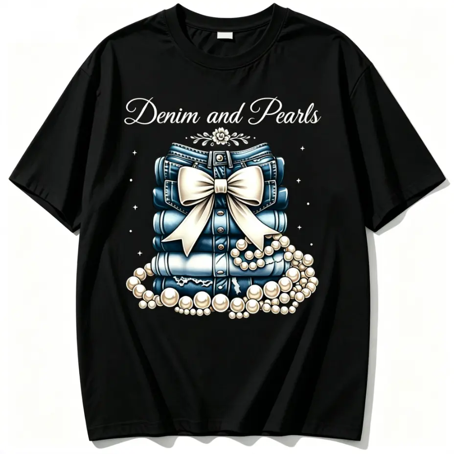 Women's 100% Cotton Shortsleeve Top - Denim and Pearls Coquette Bow Graphic Tee, Chic Soft Style for Fashion Lovers