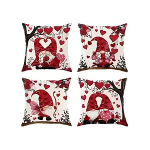 Set Of 4 Valentine'S Day Gnome Heart Pillow Covers, Contemporary Style, Soft, Romantic & Humorous Decorative Throw Cushion Cases, Woven Polyester, Assorted Red, White & Pink, With Zipper Closure, Machine Washable For Living Room And Bedroom Sofa Decor