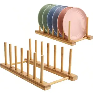 1/2pcs Bamboo Dish Plate Bowl Cup Book Pot Lid Cutting Board Drying Rack Stand Drainer Storage Holder Organizer Countertop Dish Rack Kitchen Cabinet, Kitchen Organization