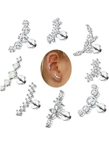 8pcs 16g Cartilage Earring Set, Stainless Steel Rhinestone Design, Clip-On Ear Studs for All Seasons, Casual Style for Women