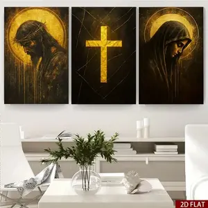 Modern Framed Religious Wall Art Set, 3-Piece Jesus & Mary Icon Painting, Home Church Prayer Room Decor, Canvas Board with Cross Hook