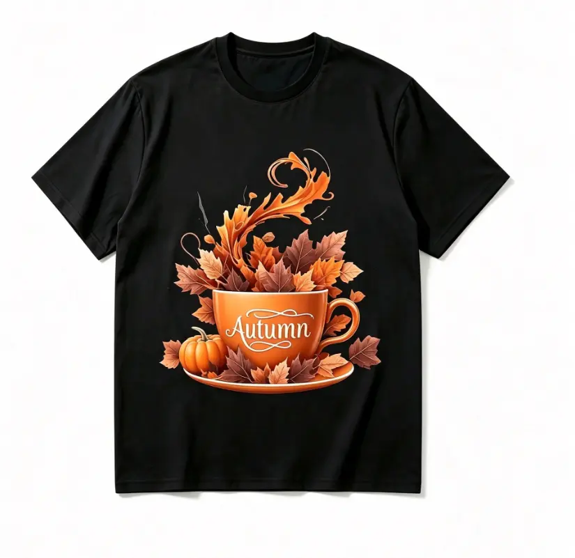 Fall Season Men T‑Shirt, Vintage Orange Cup With Autumn Leaves Pumpkin Print Versatile Casual Crew‑Neck Top