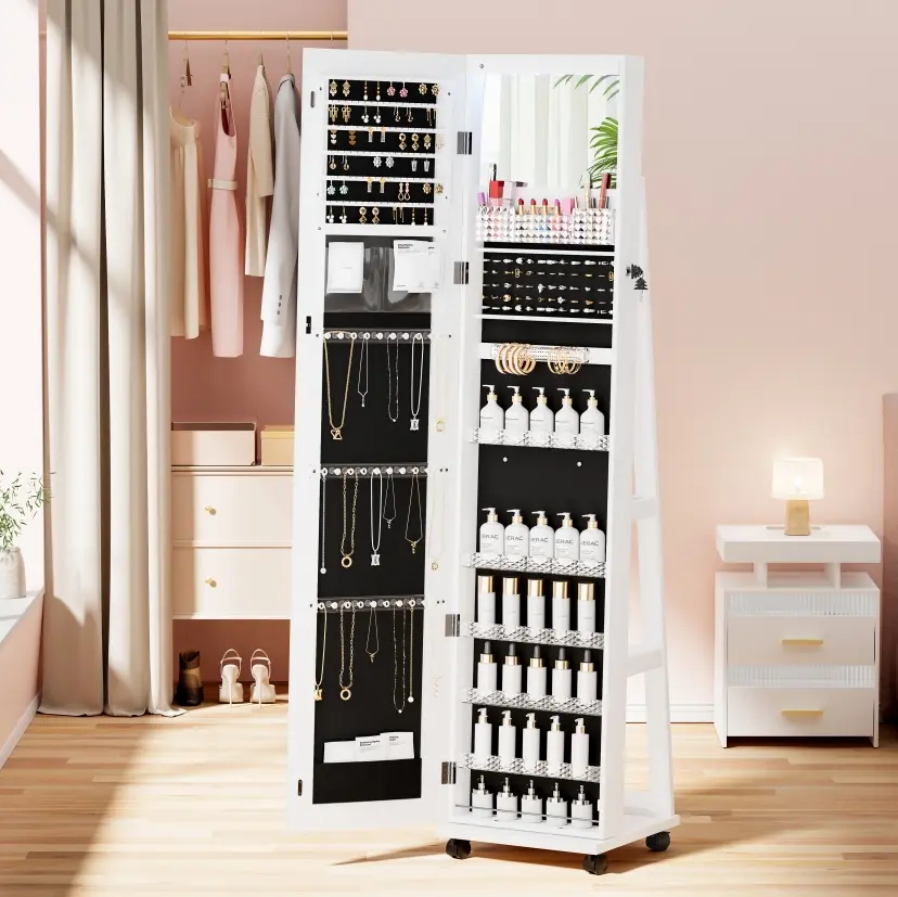 Summervibes LHBCRAFT 6 LEDs Jewelry Armoire Standing with Full-Length Mirror, Lockable Jewelry Cabinet with 4 Wheels, Jewelry Storage, Inside Makeup Mirror