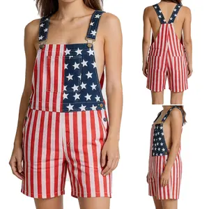 American Flag Overalls Shorts for Adults, Denim Bib Shorts USA 250th Anniversary Patriotic Outfit for 4th of July, Memorial Day and Summer Events
