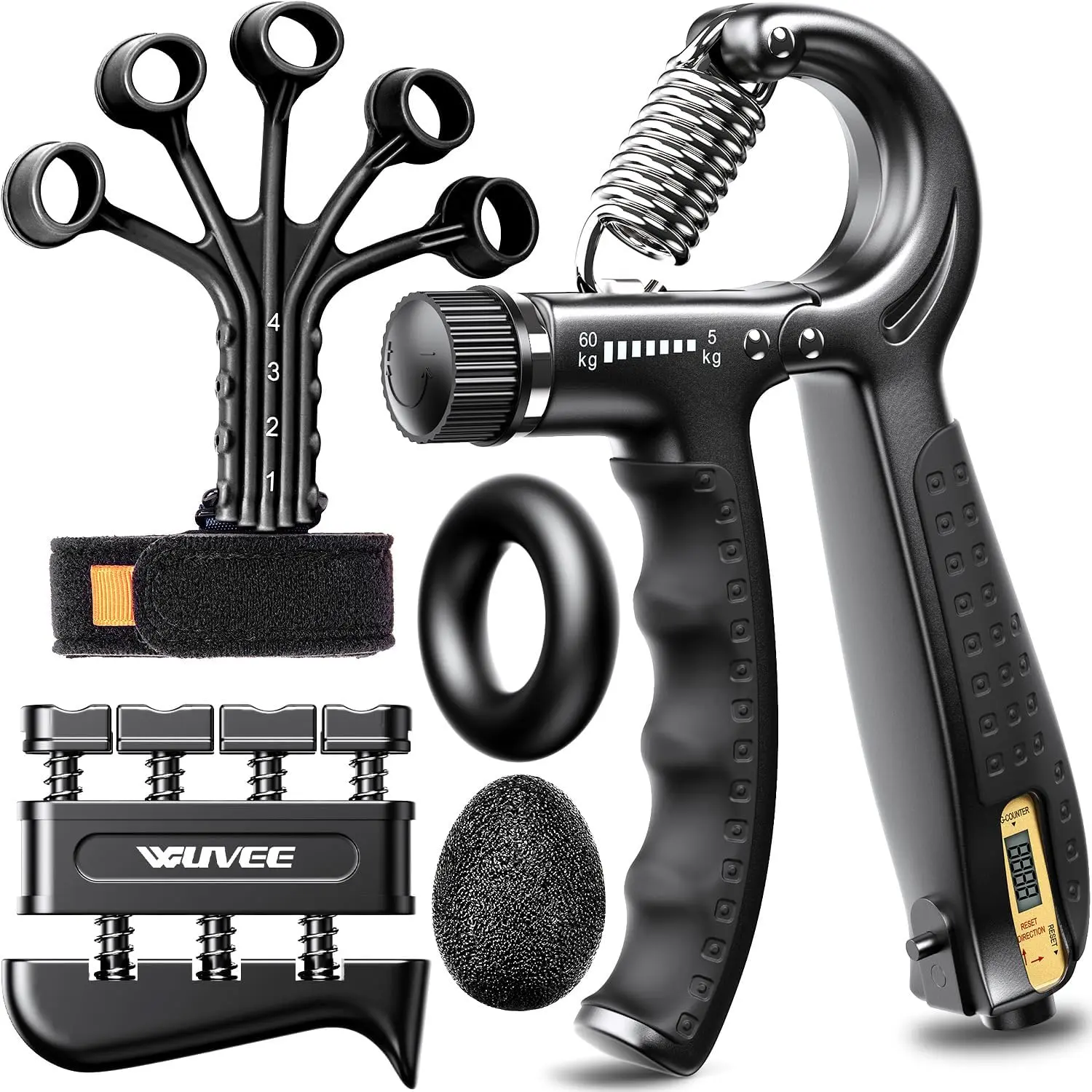 Grip Strength Trainer Kit (5 Pack) With Hand Grip Strengthener Electronic Counting, Forearm Strengthener, Finger Exerciser, Stress Relief Ball, And Forearm Workout Ring For Hand Therapy Forearm Strength Training