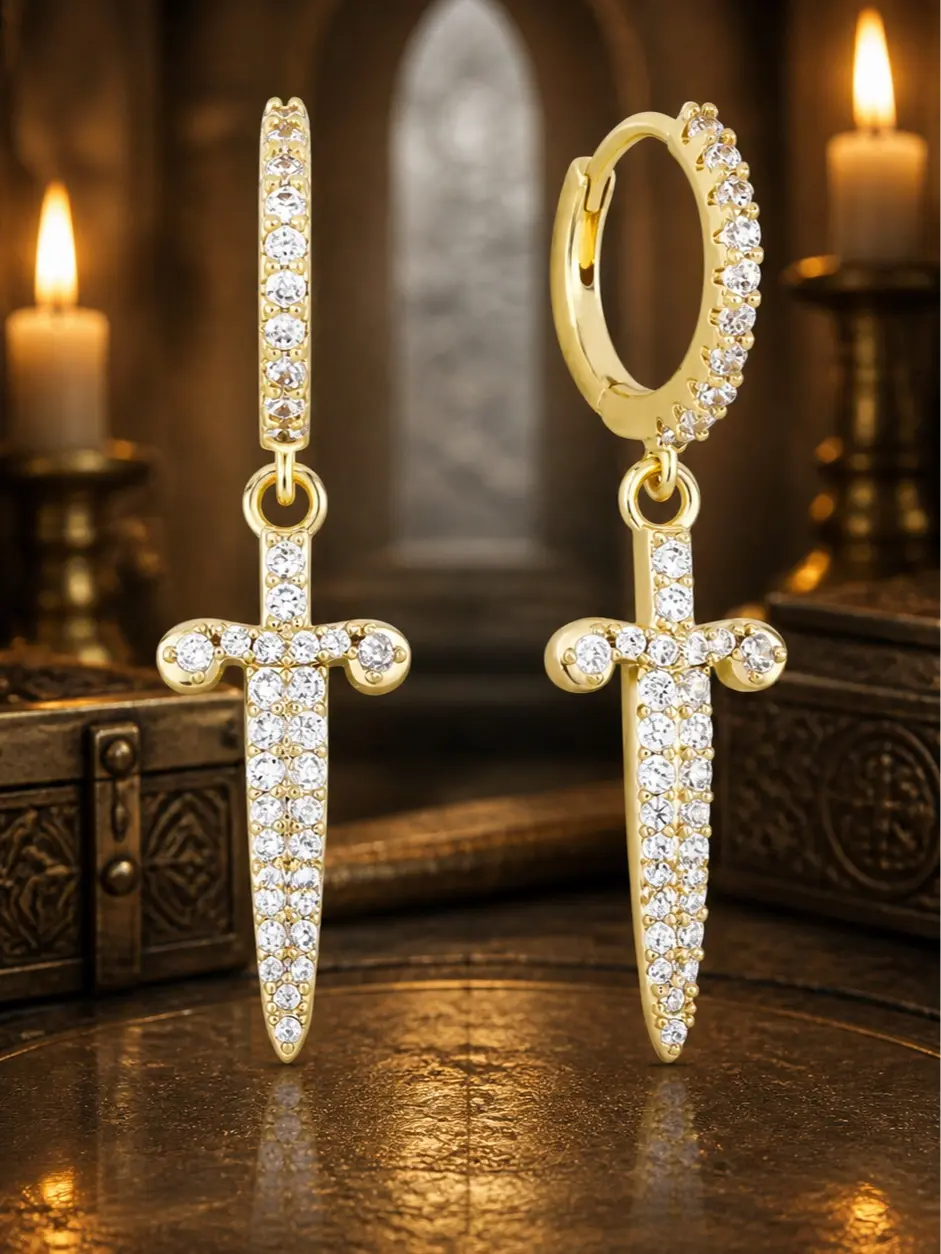 The Armored Kingdom Oathbound Dagger Hoop Earrings - Premium Durable Unisex Gold-Detailing Duo Graphic Statement Earrings with High Gold Polish, Micro Zircon Pave for Everyday Wear, Gold Detailing Earrings