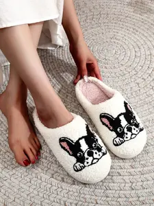 Soft Plush French Bulldog Slippers, Cute Cartoon Embroidered Shoes, Warm Non-Slip Indoor Outdoor Footwear, Best Gift for Dog Moms, Fluffy House Slippers