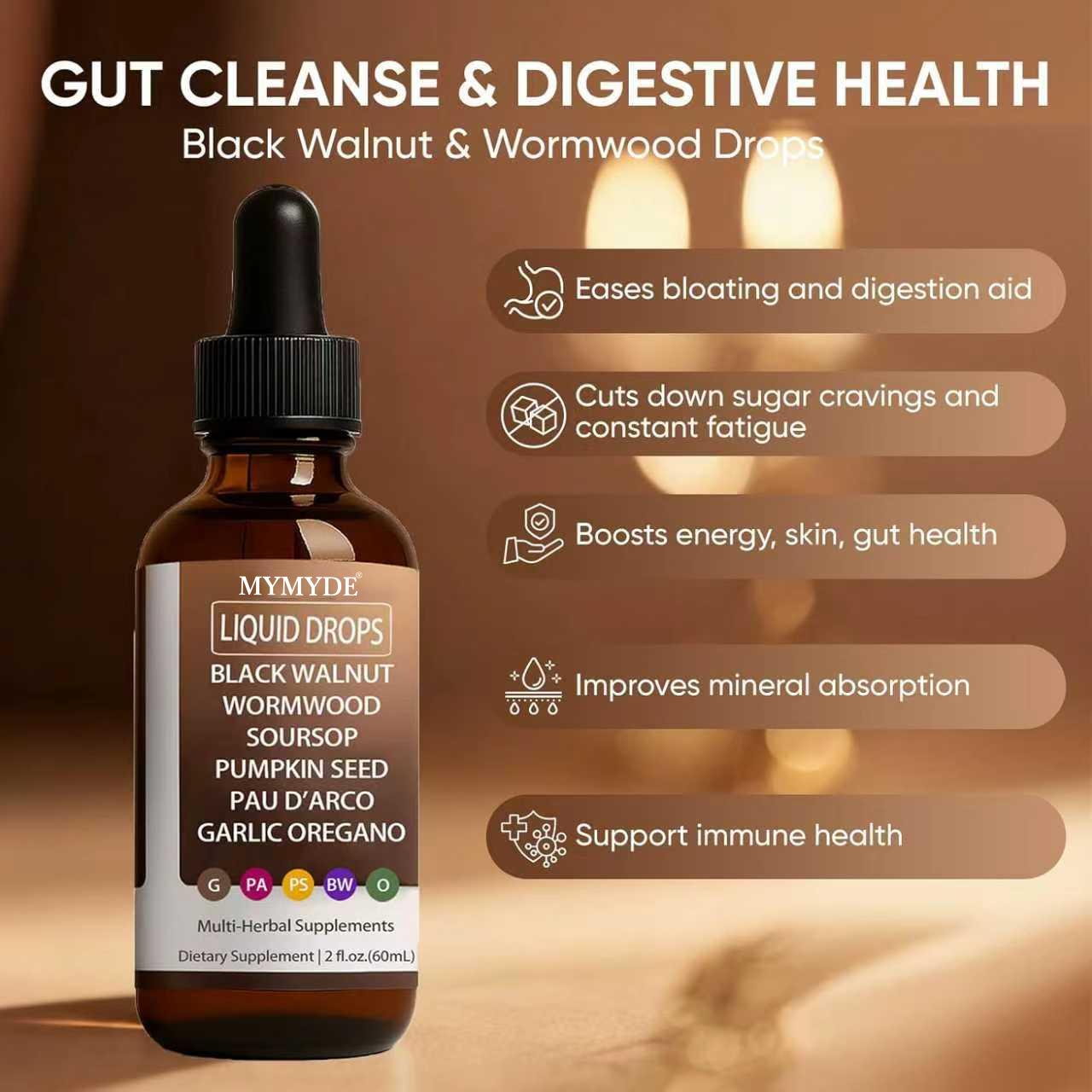 MYMYDE Walnut Wormwood Gut Cleanse, Wormwood Black Walnut Clove Drops with Garlic Oregano, Soursop, Pau D'arco, Pumpkin Seed Extracts, Support Gut & Digestion Balance, Improve Energy