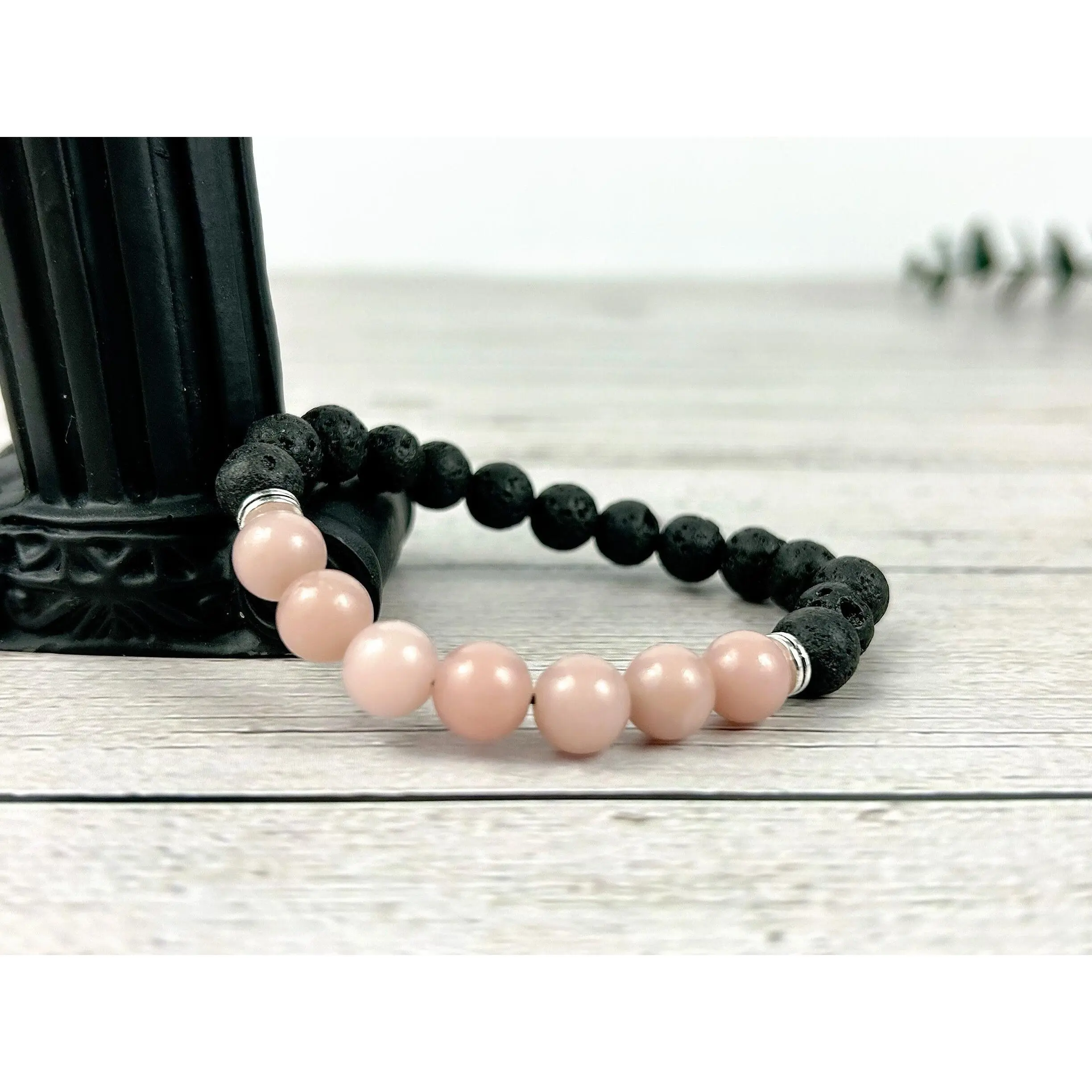 Pink Opal Bracelet with Black Lava Beads - Essential Oil Bracelet - Diffuser Bracelet