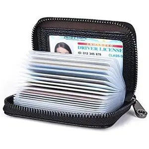 Genuine Leather Credit Card Holder Wallet Blocking Secure Card Case ID Case Organizer Zipper Wallet (A-Classic Black)