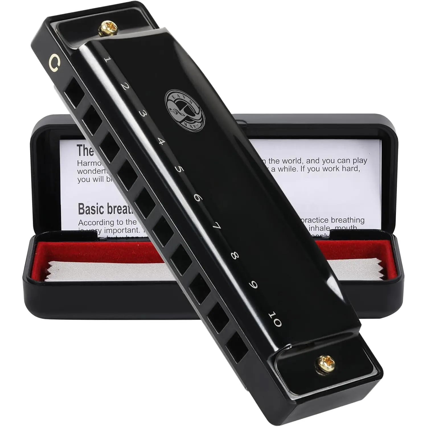 10-Hole C Key Diatonic Harmonica - Stainless Steel, ABS Combs, Built-in Airflow Splitter, Durable, Easy to Blow Reeds, Hard Case, Cleaning Cloth (Black) for Students & Intermediate Players