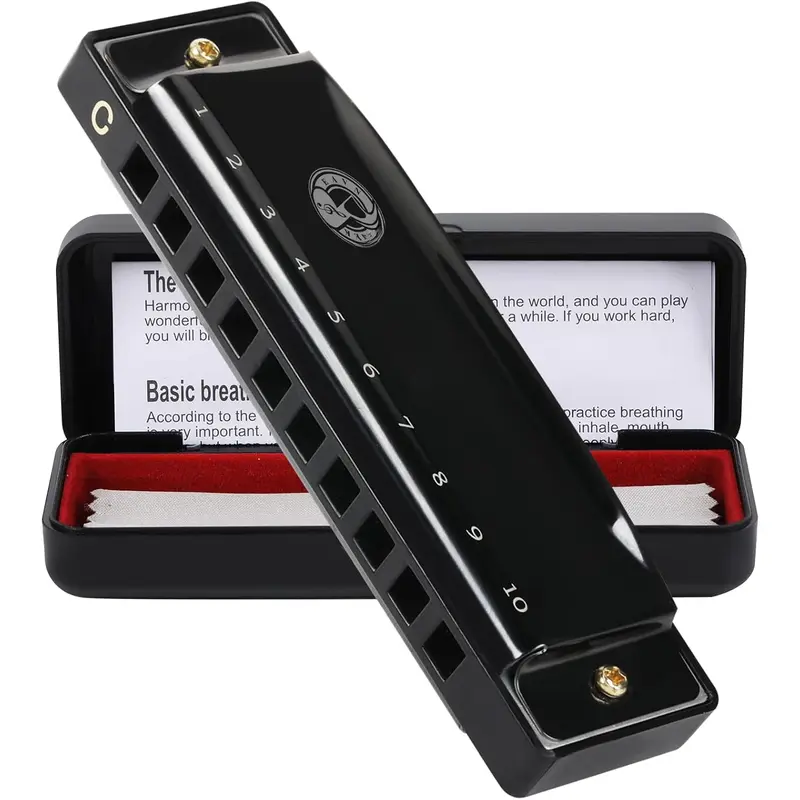10 Holes 20  Blues Harp Mouth Organ Harmonica, Diatonic Blues Harmonica Key of C, For  Adults Student Beginners Professionals, with Hard Case and Cleaning Cloth (Black)