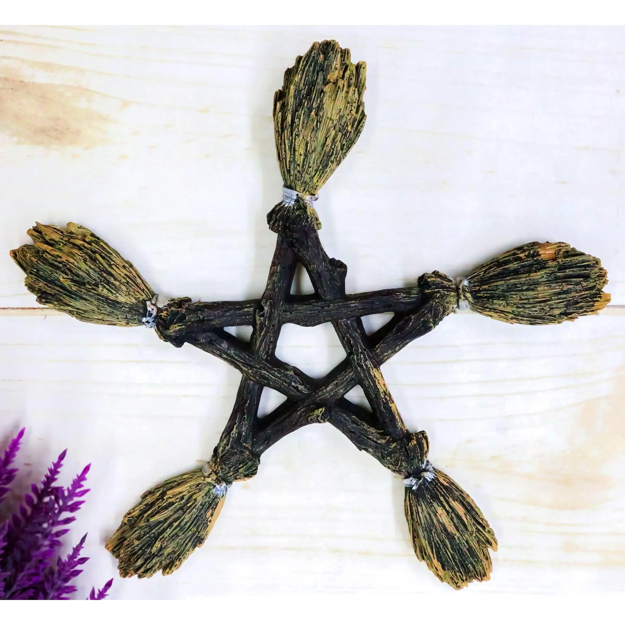 Ebros Witchcraft and Wiccan Broomsticks Pentagram Wall Decor Pentacle Hanging Plaque